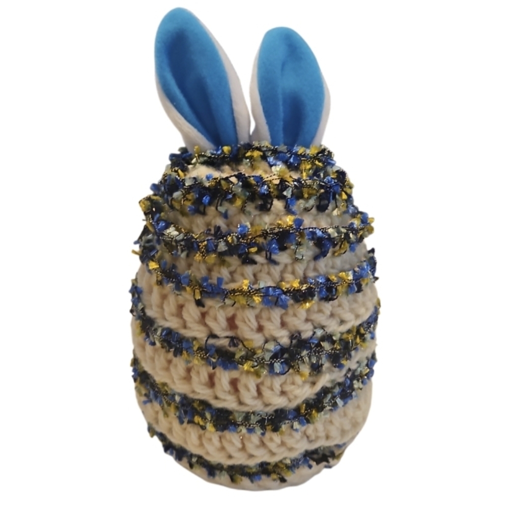 Upcycled Colorful Bunny Ear Toy Egg Wrapped on crochet blue & yellow fuzzy yarn
